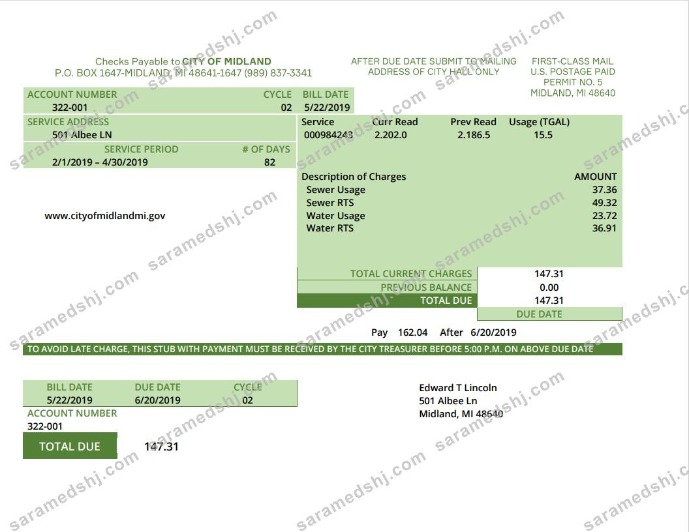 USA Michigan water utility bill template in Word and PDF (.doc and .pdf) format